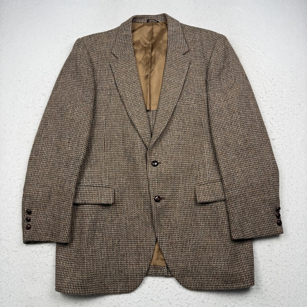 Vintage Harris Tweed Sport Coat Mens 42 Brown Check Wool Blazer USA Handwoven